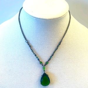 Emerald green pendant with crystal and silver chains, measures-17”.